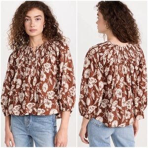 THE GREAT. Women Size 0/US XS Brown Hickory Whisper Floral Puff Sleeve Swift Top